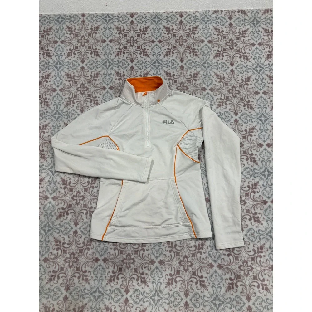 Fila Sport Womens White Orange Quarter Zip Pullover Mesh Activewear Top Small